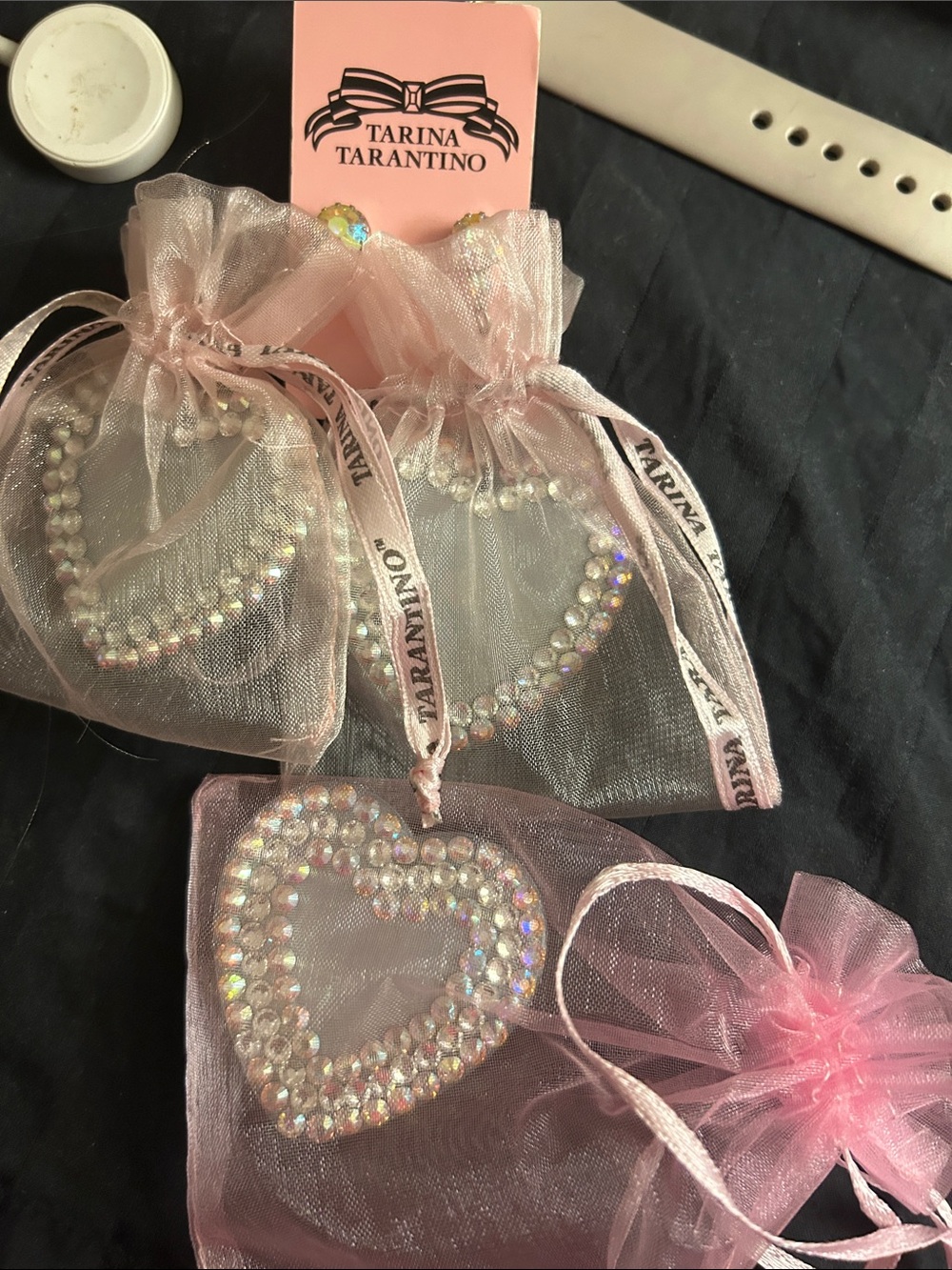 Tarina Tarantino Pink Iridescent Heart Crystal Earrings with Organza Pouches